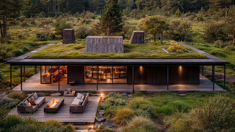 Eco-friendly prefabricated house with living roof and outdoor patio, sustainable off-grid modular home design for Mexico