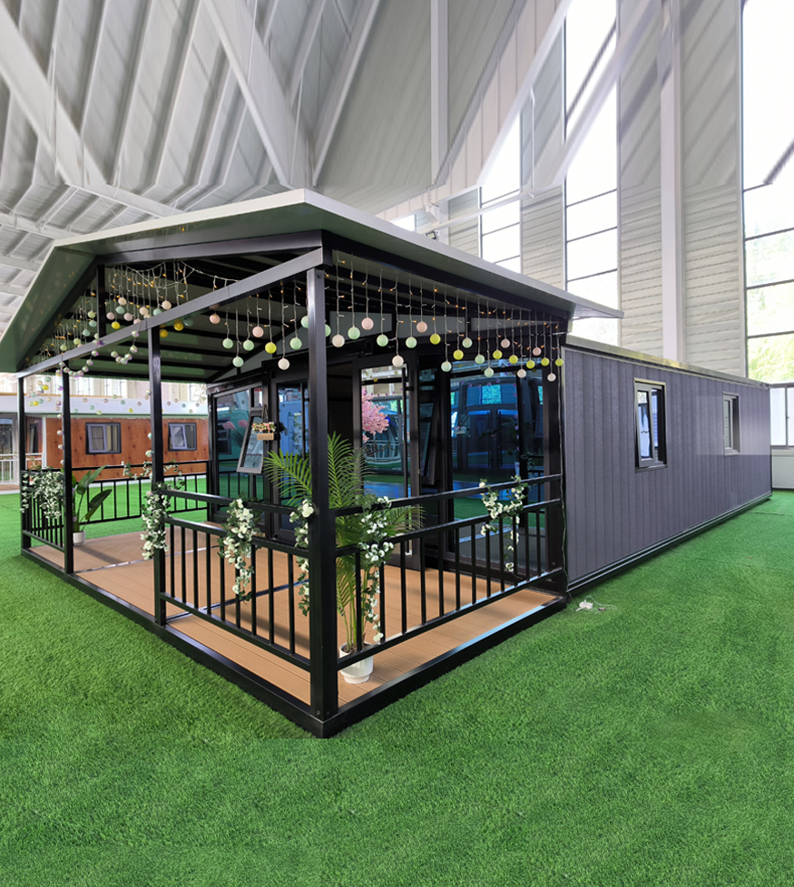 40FT BLACK-GRAY DOUBLE-SIDED EXPANDABLE HOUSE WITH A GABLED ROOF AND A FRONT CORRIDOR